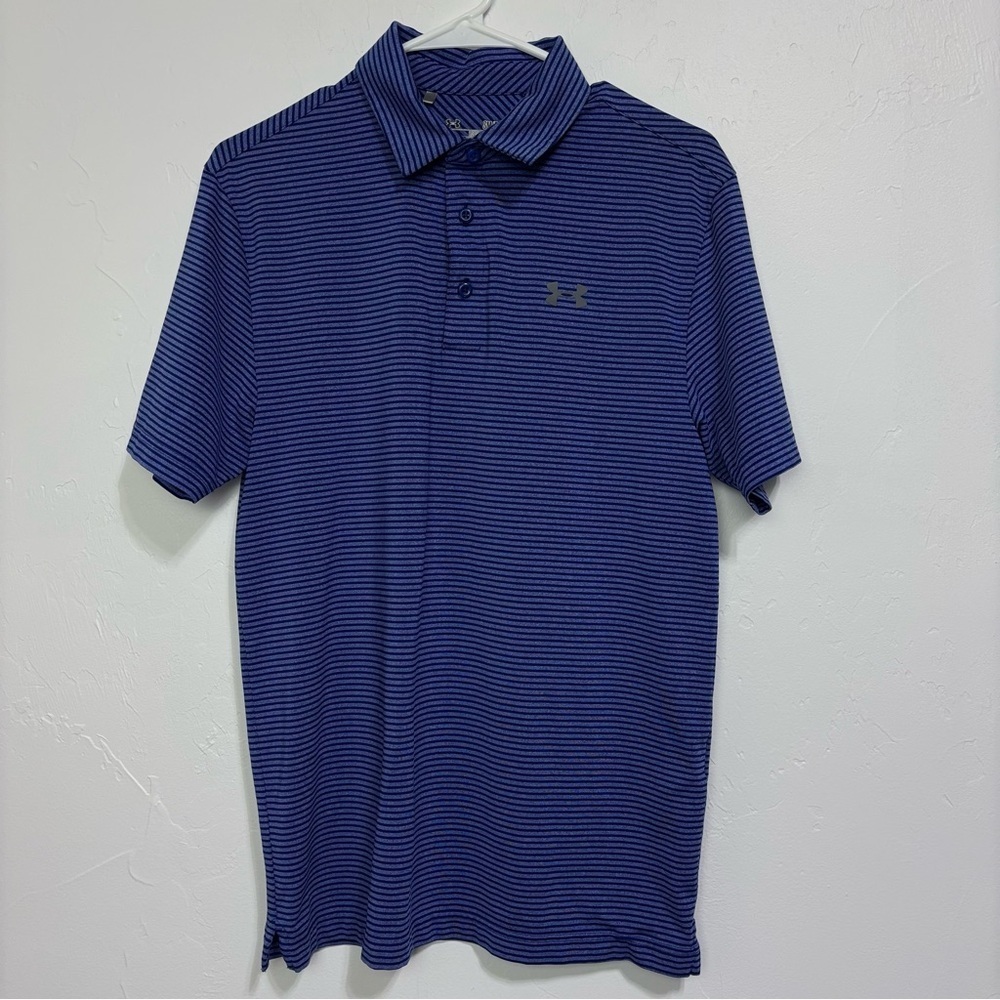 Under Armour HeatGear Blue Striped Short Sleeve Polo Shirt Men's Small Loose